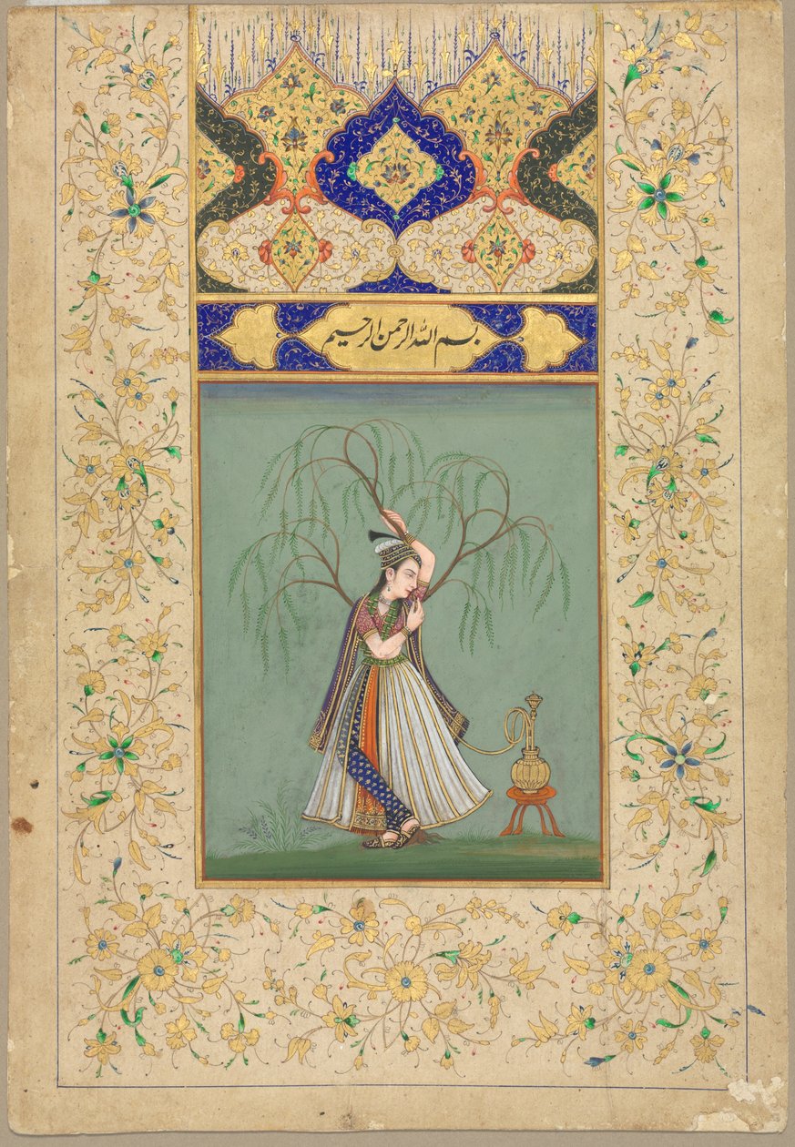 Prinsessan röker vattenpipa (som Salabhanjika) av School Mughal