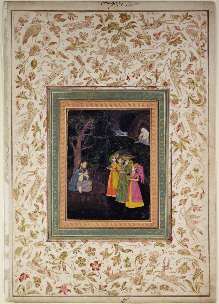 Sultan Ibrahim Adham av Balkh med änglar, Johnson Album VI, nr 5, ca 1770-80 (gouache med guld på albumblad) av School Mughal