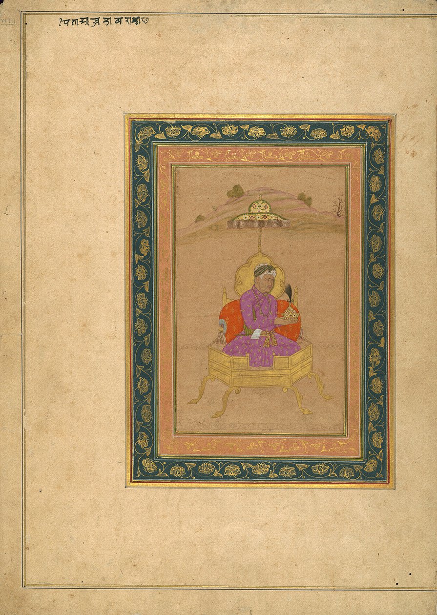 Den 3:e Mughal-kejsaren Akbar satt på den kungliga tronen medan han höll sin krona av School Mughal