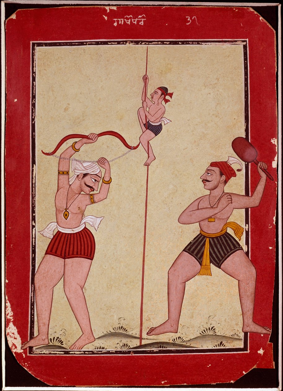Tre idrottare under träning (rep, bågskytte och snöskospel) (miniatyr av School Mughal