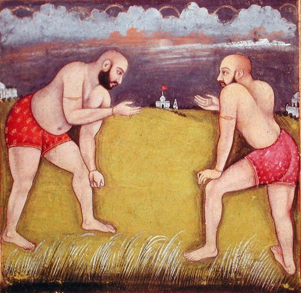 Två brottare, tidigt 1800-tal (gouache på papper) av School Mughal