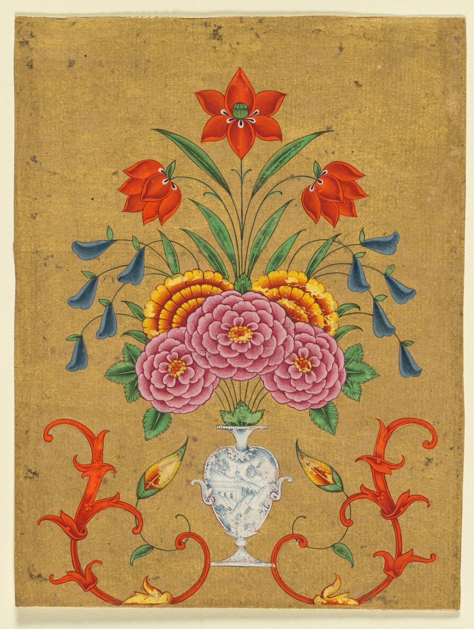 Vas med blomsterarrangemang och scrollwork, ca 1750-1800 (opak akvarell med guld på papper) av School Mughal