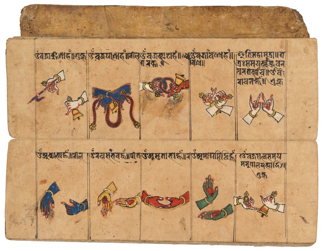 En Thyasapu-manuskript med ikonografiska illustrationer av mudras, Nepal av School Nepalese