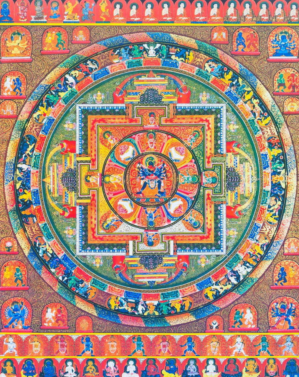 Chakrasambhara Mandala, föreställande huvudguden Sambhara som omfamnar sin gemål Vajrabarahi och symboliserar föreningen av visdom och praktik för att uppnå högsta salighet (gouache på duk) av School Nepalese