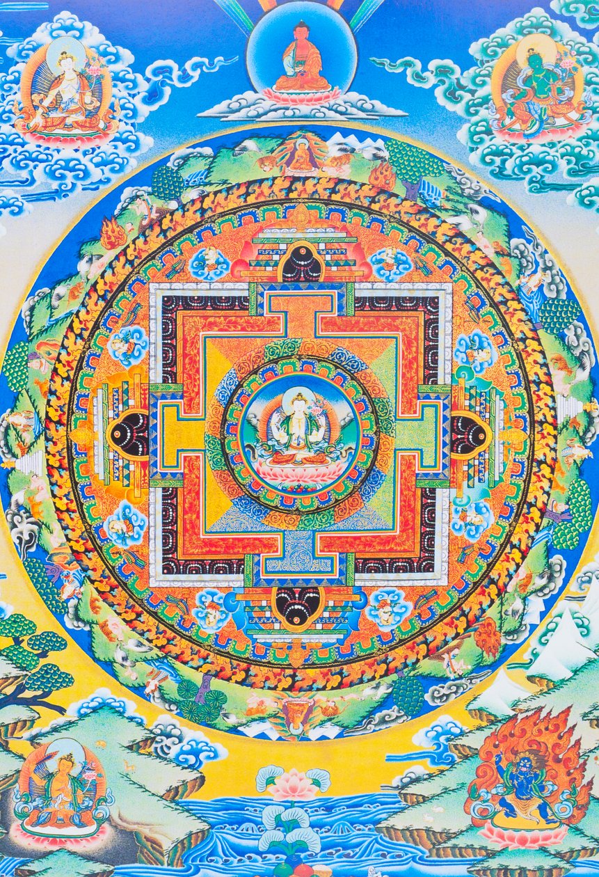 Chenresi mandala; figuren i mitten föreställer medkänslans Buddha, den himmelska manifestationen av Amitava Buddha, alltid nära lidande varelser (gouache på tyg) av School Nepalese
