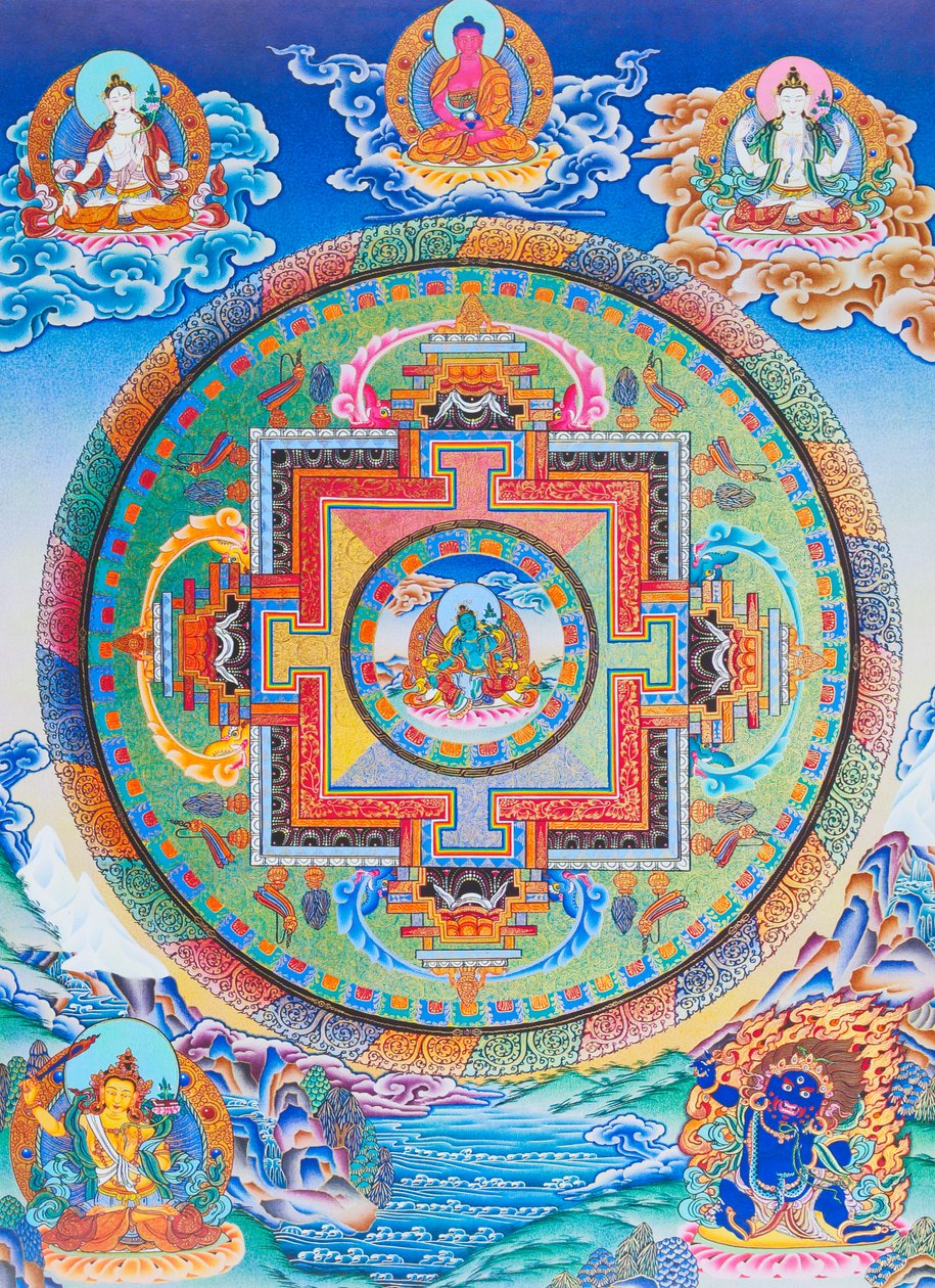 Grön Tara Mandala som skildrar moderns beskyddare från alla faror i tillvarons hav (gouache på tyg) av School Nepalese