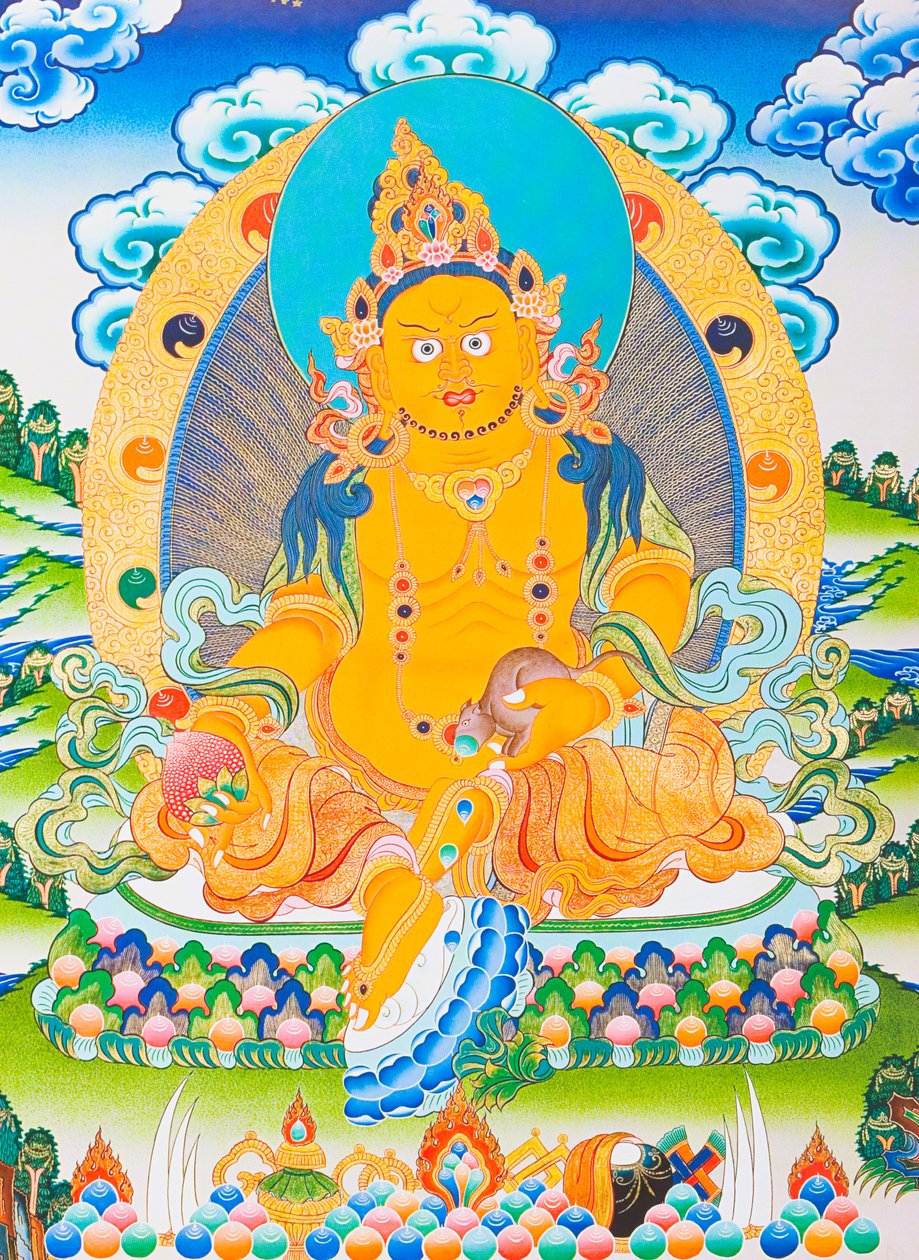 Bild som föreställer Dzambhala, den gula Dzambhala är manifestationen av Buddha Ratnasambhava som symboliserar rikedom i den materialistiska världen (gouache på tyg) av School Nepalese