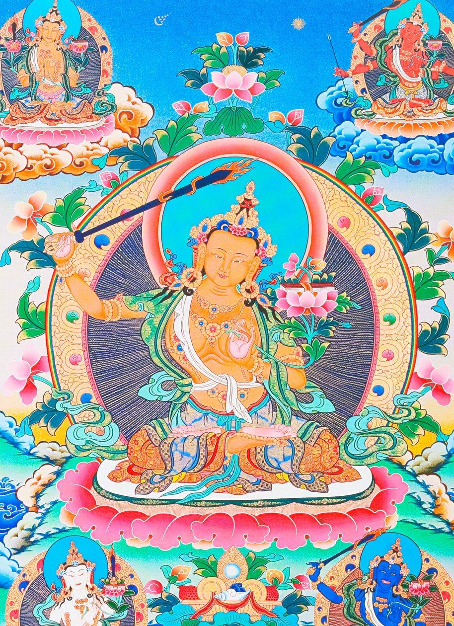 Bild som föreställer Manjushree, den legendariska skaparen av Katmandudalen (gouache på tyg) av School Nepalese