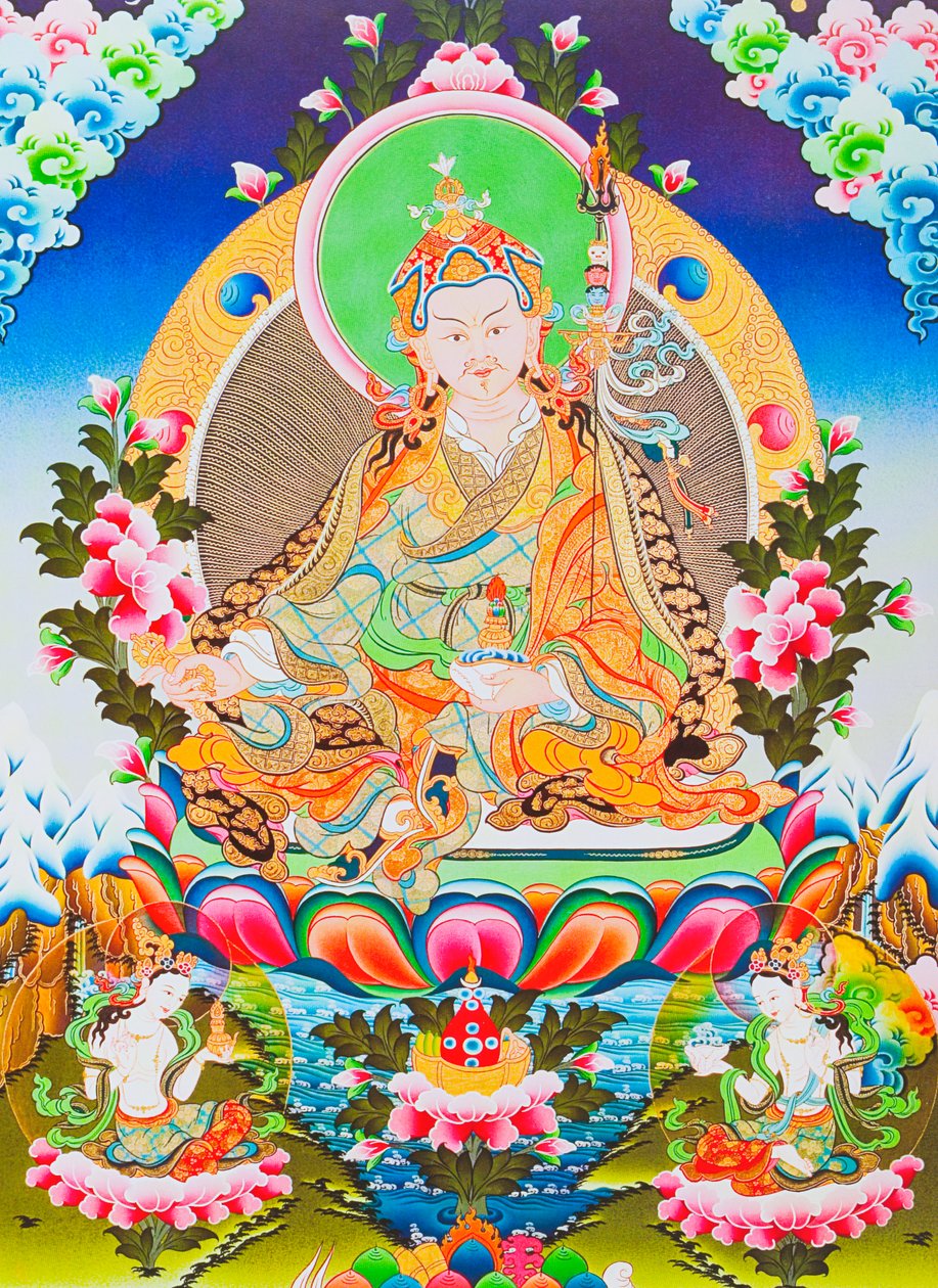 Bild som föreställer Padmasambhava och guru Rinpoche, den gudomliga aposteln av tibetansk tantricism som sägs ha fått kontroll över demoner och andar (gouache på tyg) av School Nepalese