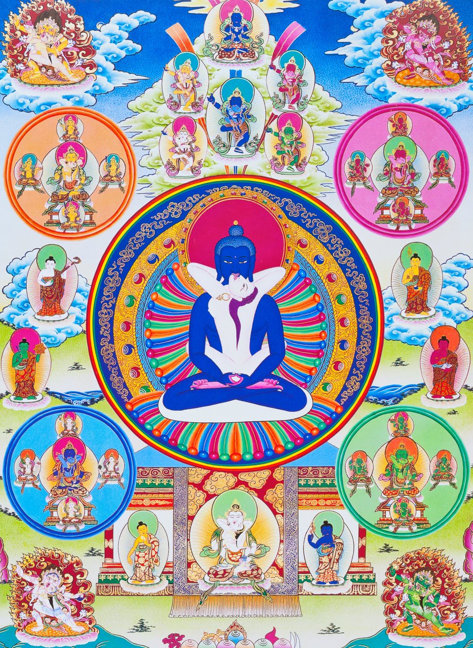 Bild som föreställer Samantabhadra, tillsammans med sin gemål, symboliserar enhet med det absoluta (gouache på tyg) av School Nepalese