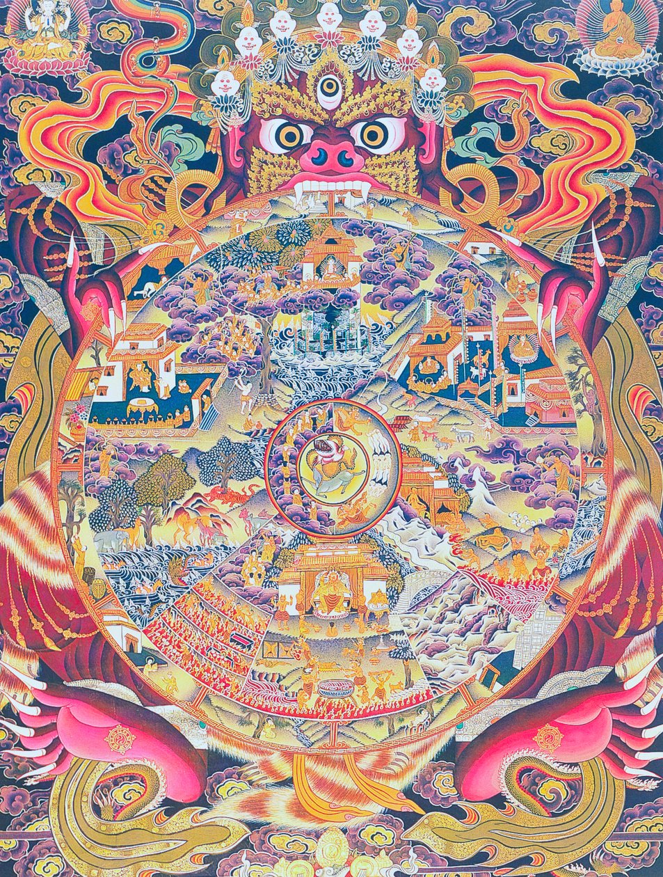 Bild föreställande livshjulet, föreställande Kalachakra eller den bedrägliga existensen som hålls i munnen av Yama, dödsguden som representerar födelse, död och återfödelse (gouache på duk) av School Nepalese