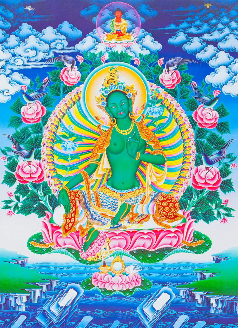 Bild som föreställer den gröna Tara, moderns beskyddare från alla faror i tillvarons hav (gouache på tyg) av School Nepalese