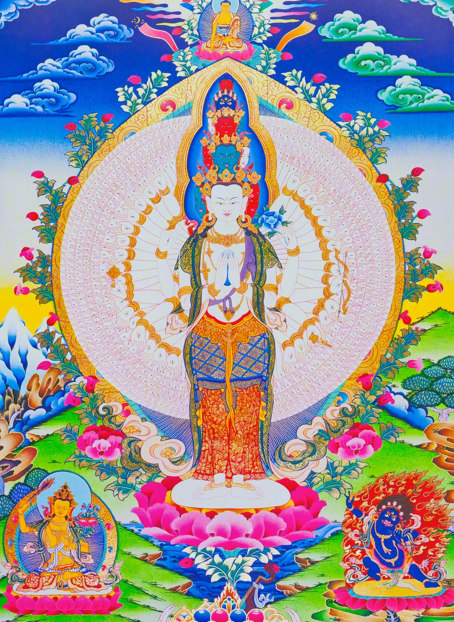 Bild som föreställer de tusen armarna Avalokiteshvara, den elvahövdade Avalokiteshvara med tusen armar och 1022 ögon som symboliserar oändlig medkänsla (gouache på tyg) av School Nepalese