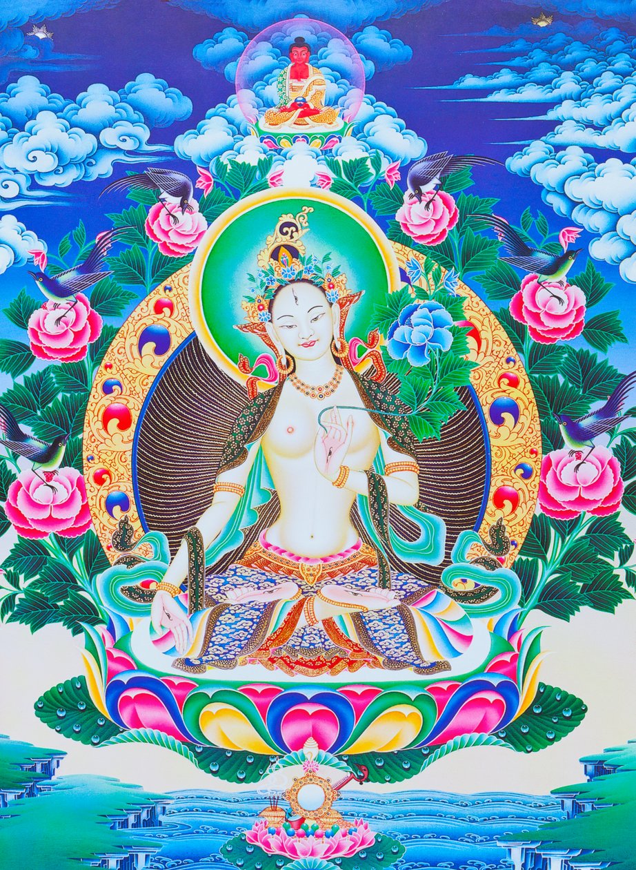 Bild som föreställer den vita Tara, den sjuögda gudomliga mamman sittande på en lotusblomma med sin högra hand i varada mudra-ställning som symboliserar generositet (gouache på tyg) av School Nepalese