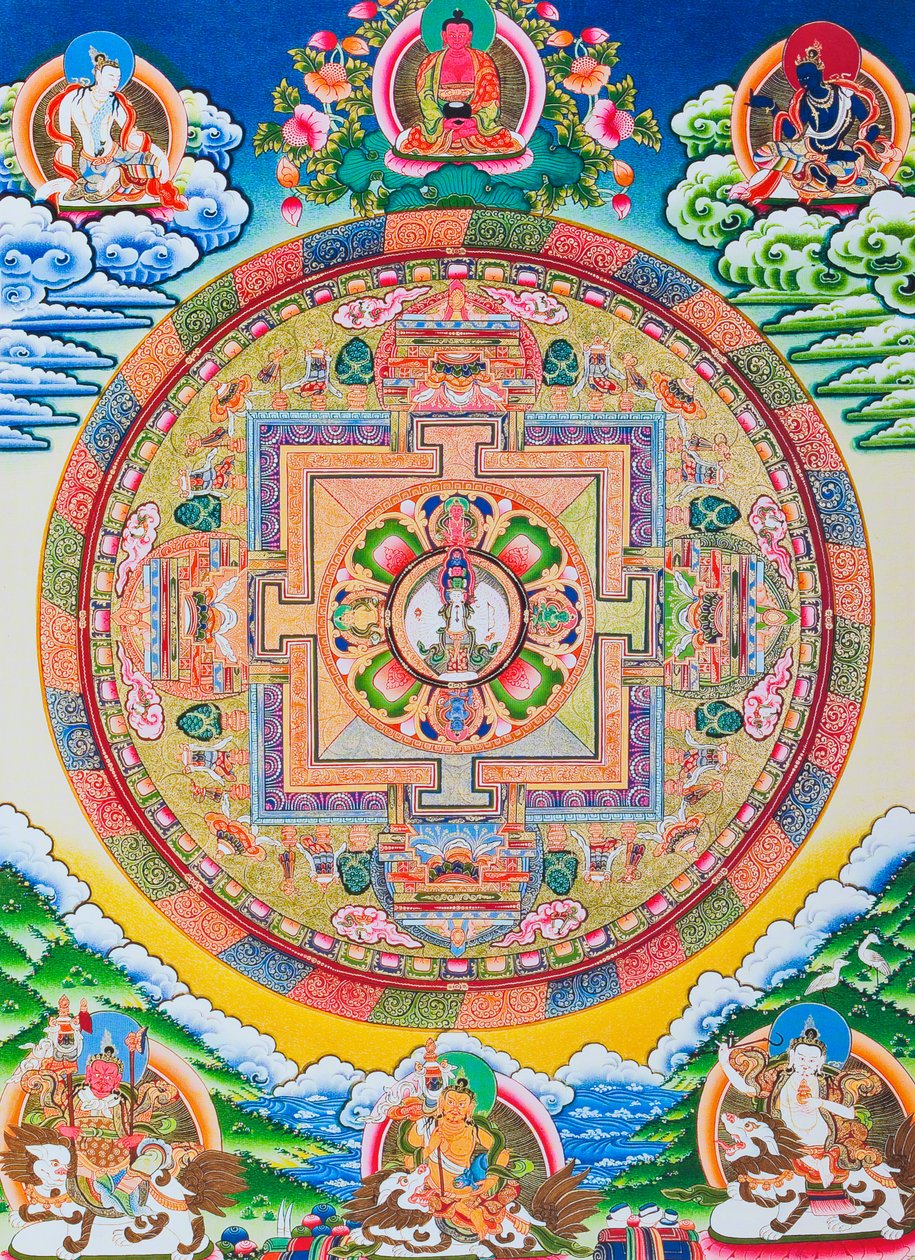 Mandala med tusen armar Avalokiteshvara; den heliga, magiska cirkeln som visar den elva huvuden Bodhisattvan som symboliserar oändlig medkänsla (gouache på tyg) av School Nepalese