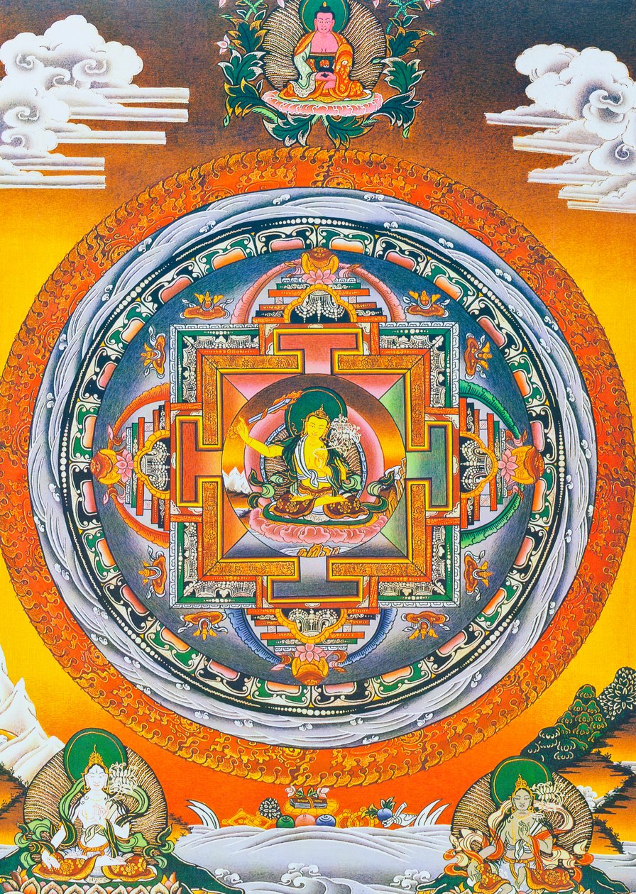 Manjushree Mandala, där den centrala figuren representerar visdomsguden Manjushree, den legendariska skaparen av Katmandudalen (gouache på tyg) av School Nepalese