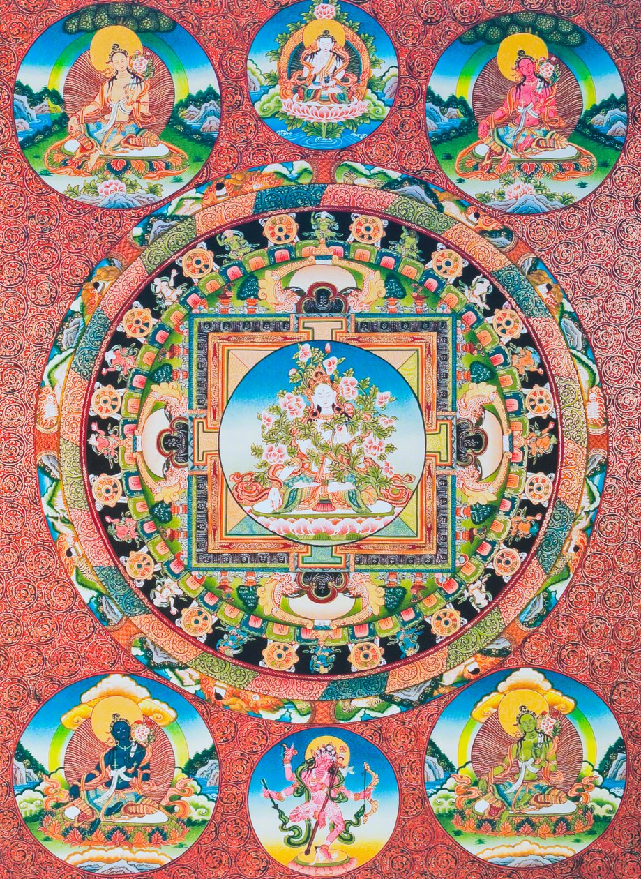 Vit Tara Mandala; den sjuögda kvinnliga gudomen i det buddhistiska panteonet som representerar medkänslans gudinna och mänskliga varelsers beskyddare (gouache på tyg) av School Nepalese
