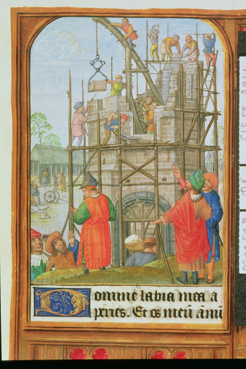 Lägg till 35313 f.34 Byggnaden av Babelstornet, Brygge eller Gent, ca 1500 (vellum) av School Netherlandish