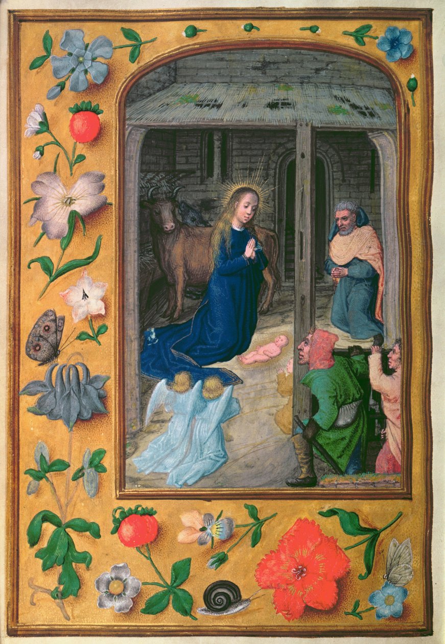 Lägg till 35314 f.25v Nativity, från a Book of Hours, Brygge, c.1510-20 (vellum) av School Netherlandish