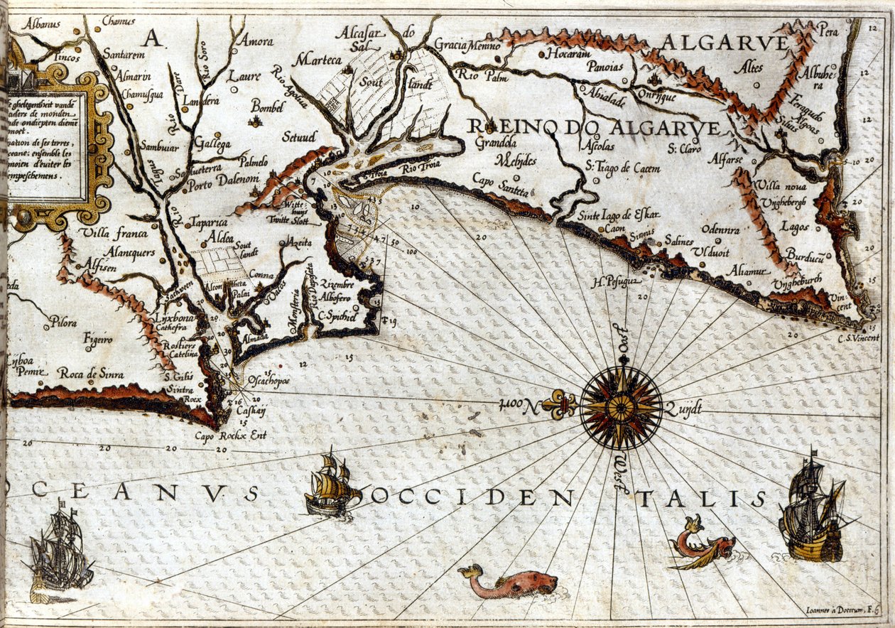 Cape Sagres (eller Sacred Cape) i slutet av Portugal efter Luca J. Waghenaers portulan Treesor av zeevaert tryckt i Leiden 1592 av School Netherlandish