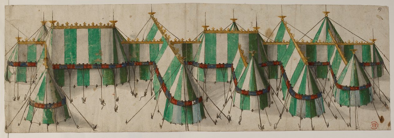 Bomull Augustus III, f.19 Design för en kunglig paviljong i Tudor-färgerna vitt och grönt, som sägs vara för Henry VIII på Field of the Cloth of Gold av School Netherlandish