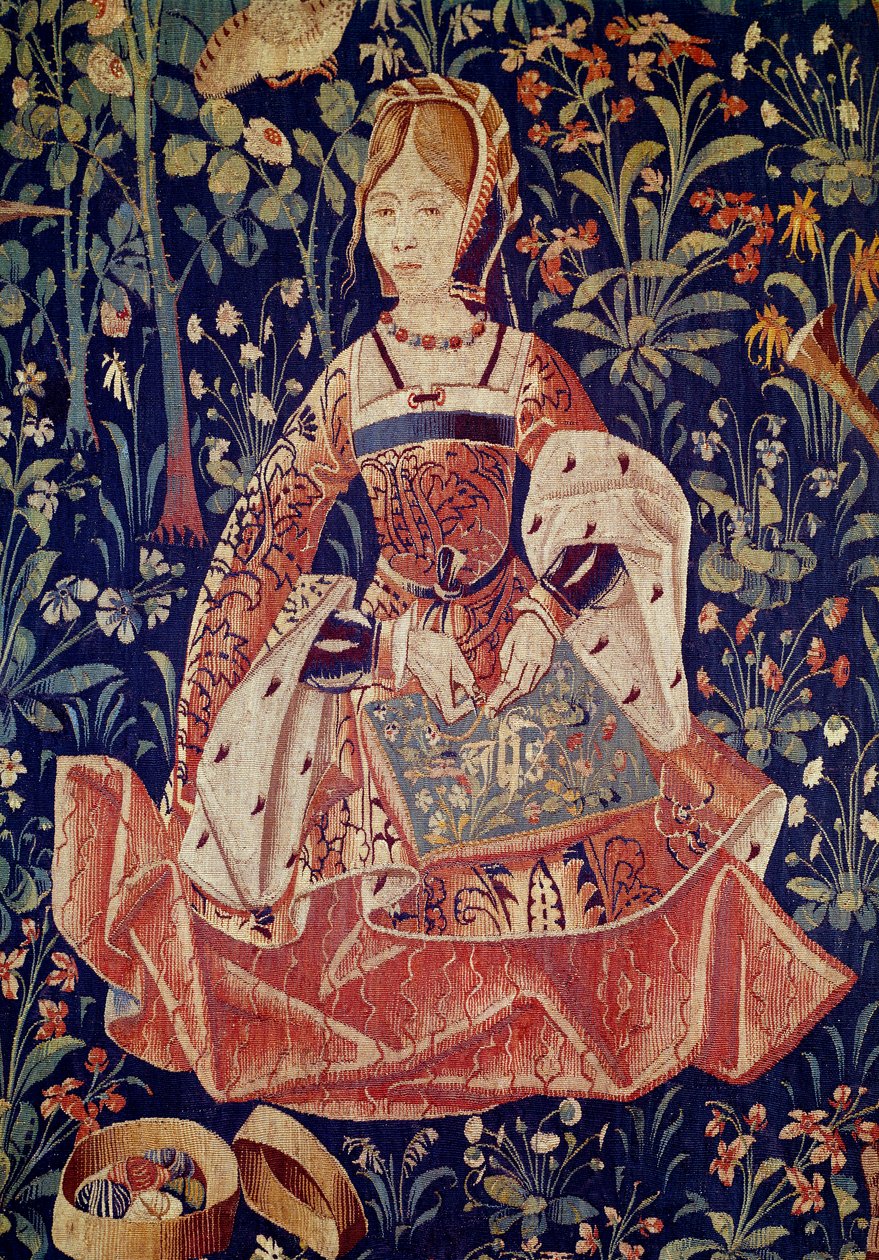 Upphängning av seigneurialt liv: Broderi. Detalj. Gobeläng av ull och siden tillverkad omkring 1520 i Nederländerna. Paris, Nationalmuseet för medeltiden, Thermes de Cluny av School Netherlandish