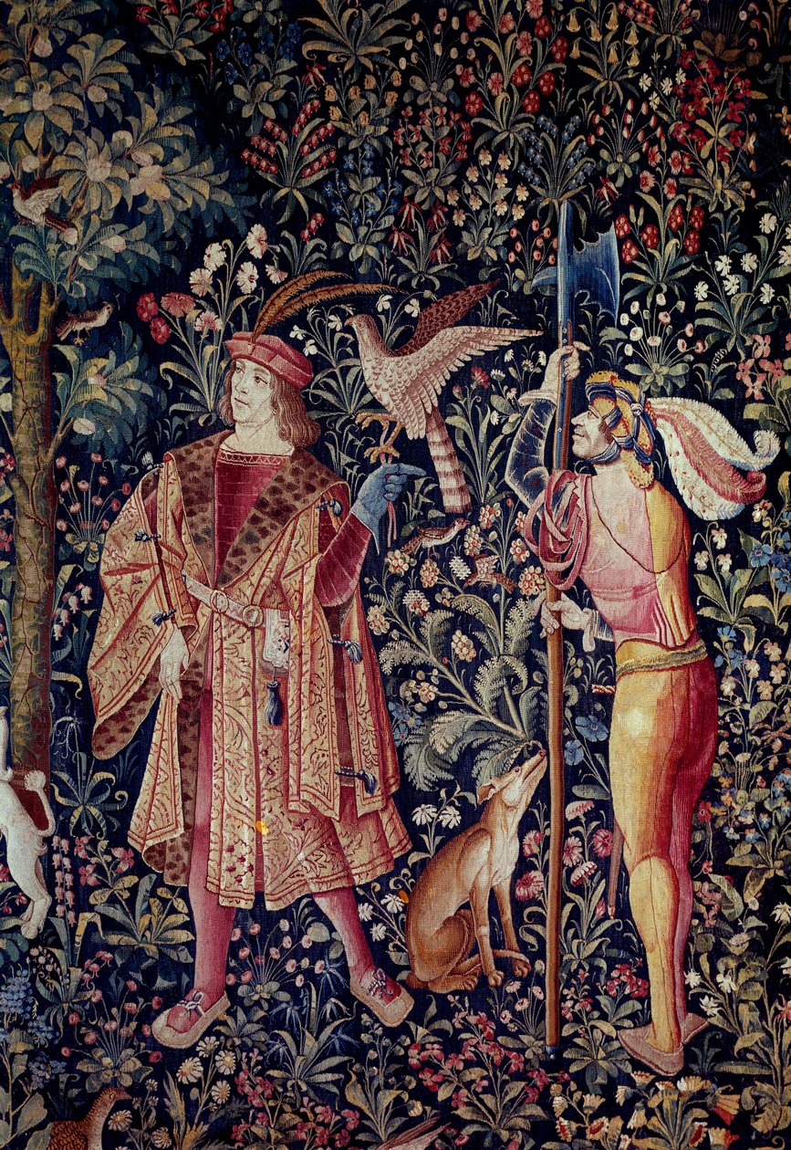 Att hänga ur det seigneuriala livet: lämnar för jakt. Detalj. Gobeläng av ull och siden tillverkad omkring 1520 i Nederländerna. Paris, Nationalmuseet för medeltiden, Thermes de Cluny av School Netherlandish