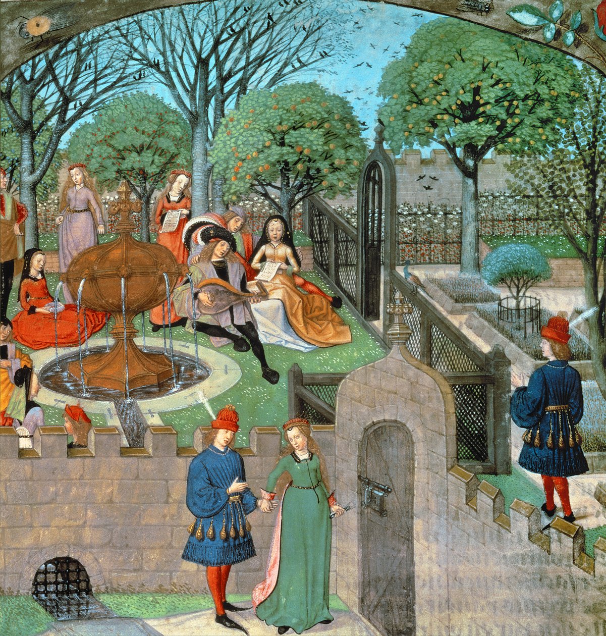 Harl 4425 f.12v Trädgårdsscen, älskaren och damen Oyseuse (Idleness) utanför trädgårdens väggar, från 