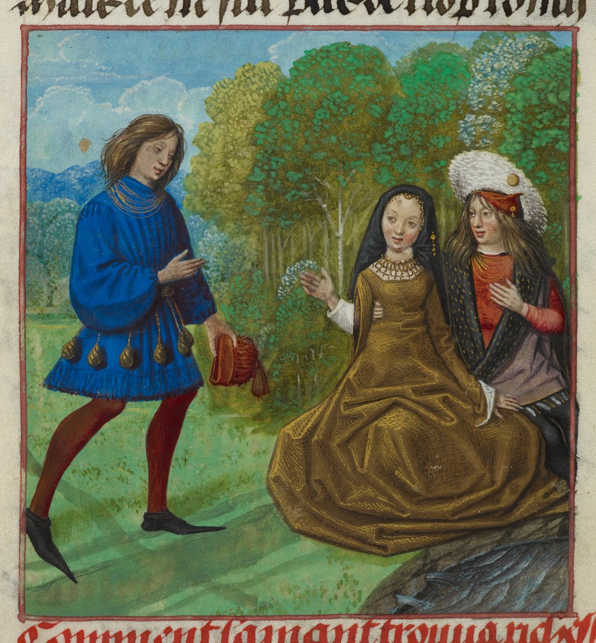 Harley 4425 f.90v The Lover meeting Richesse (Wealth) från Roman de la Rose av Guillaume de Lorris och Jean de Meun, ca. 1490-c. 1500 (vellum) av School Netherlandish