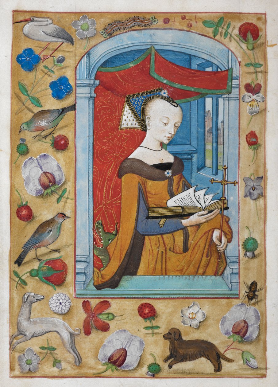Kunga 9, f.62v Kommendation till S:t Margareta. Helgonet, med ett kors i vänster hand, står och läser under en baldakin, med en drake bakom sig. Kanter av trompe l