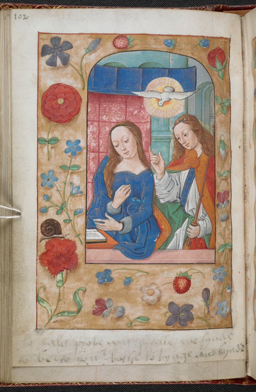 Bebådelsen. En bård av blommor, frukt, fåglar, insekter, etc, i perspektiv på en blek guldmark. En inskription (i Anne Boleyns hand) finns vid foten av folion, 