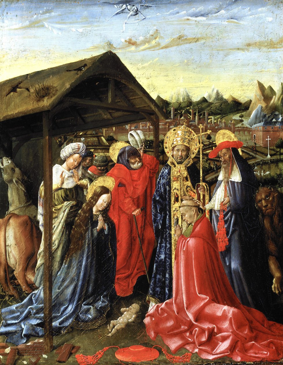 Födelsekyrkan med SS. Sixtus (?) och Jerome och en kardinal (olja på panel) av School Netherlandish