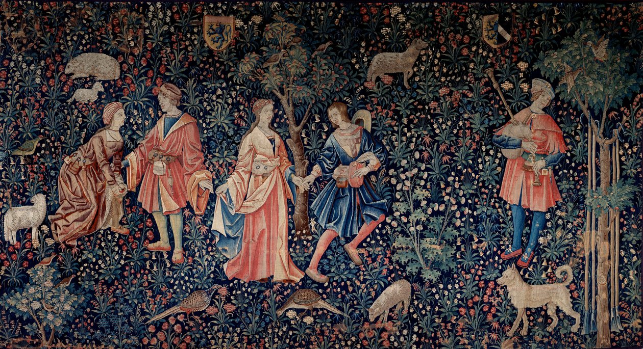 Lordship Lifes ridå: en galant scen. Gobeläng av ull och siden tillverkad omkring 1520 i Nederländerna. Sön 2,6x3,7 m Paris, medeltidens nationalmuseum, Thermes de Cluny av School Netherlandish