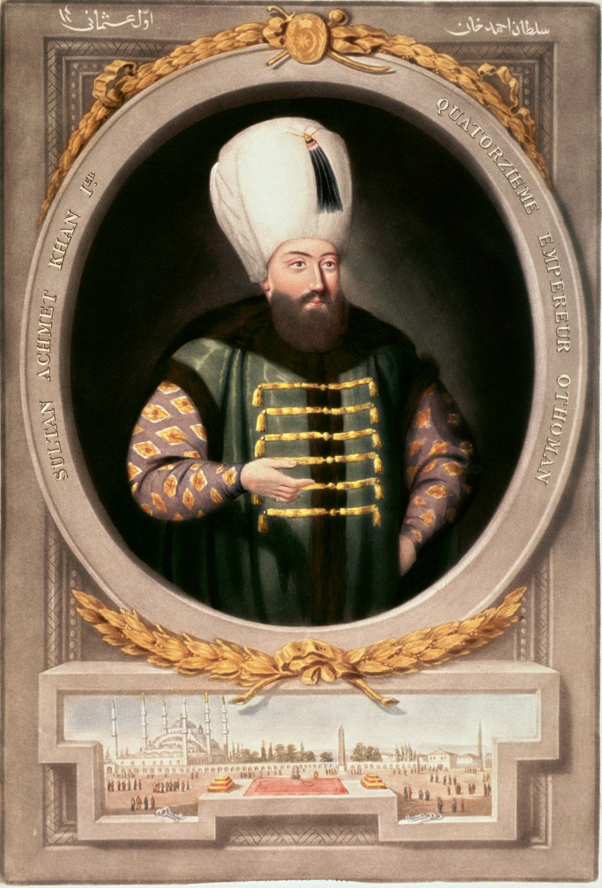 Osmanska riket: Porträtt av Sultan Ahmed I (1590-1617)”” Miniatyrbiblioteket på Topkapi Sarayi Istanbul Museum av School Ottoman