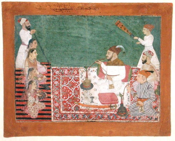 Rajah Deep Chand och vänner som röker vattenpipa, Bijapur, ca 1760 (gouache på papper) av School Pahari