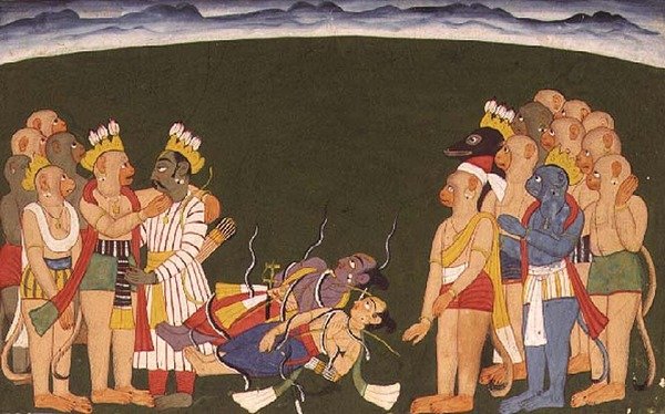 Rama och Lakshmana attackerade med nagapasa, från "Sangri Ramayana", Kulu-Mandi, Himachal Pradesh av School Pahari