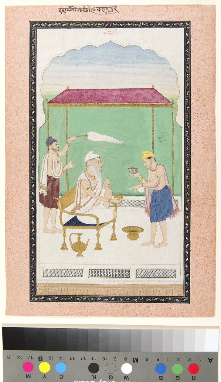 Ranjit Singh sittande på en guldstol, deltog av en morkisk bärare och serverad med, ca 1830 (ogenomskinlig w/c och guld på papper) av School Pahari