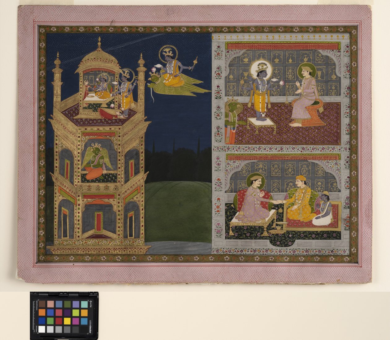Vishnu närmar sig ett gyllene torn på Garuda, ca 1825 (ogenomskinlig akvarell och guld på papper) av School Pahari