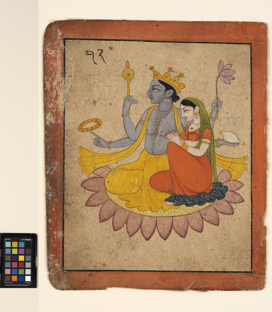 Vishnu med Lakshmi på en lotusblomma, ca 1780 (ogenomskinlig akvarell på papper) av School Pahari