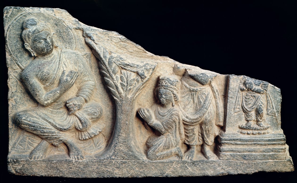 Detalj av en relieffris föreställande en sittande Buddha med oranter, grekisk-buddhistisk stil, från Taxila, Pakistan av School Pakistani