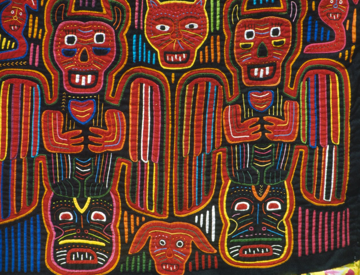 Handsydd färgad bomull, San Blas Archipelago, Republiken Panama, Detalj av School Panamanian