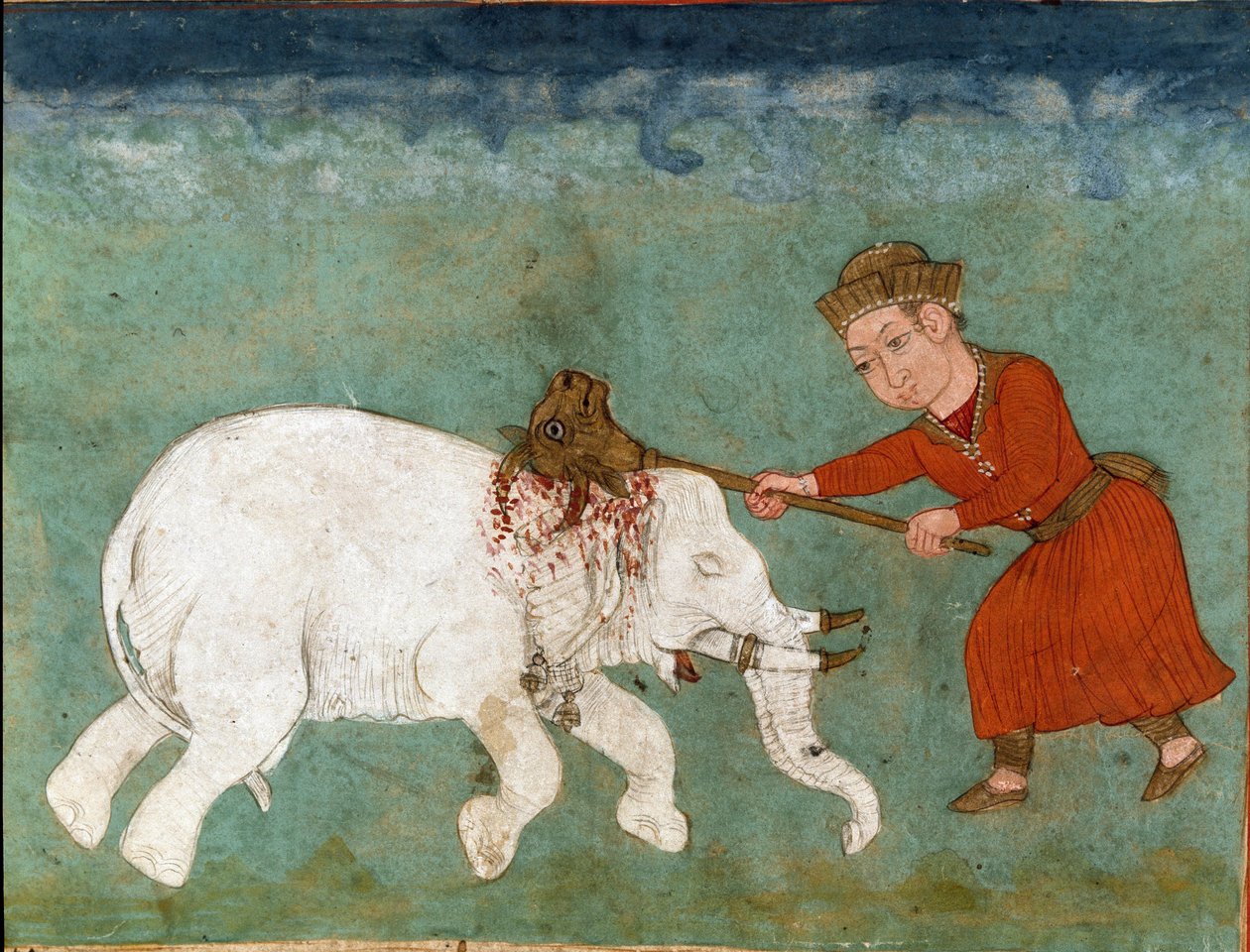 Islamisk konst: Rostam (eller Rustam) mytiska hjältar och son till Zal dödar den vita elefanten. Persisk miniatyr från ett manuskript av den episka dikten "Shahnameh"" (Shah Nama, Shahnama) (Kungarnas bok) av Ferdowsi (Firdawsi, eller Ferdawsi, eller Firdo av School Persian