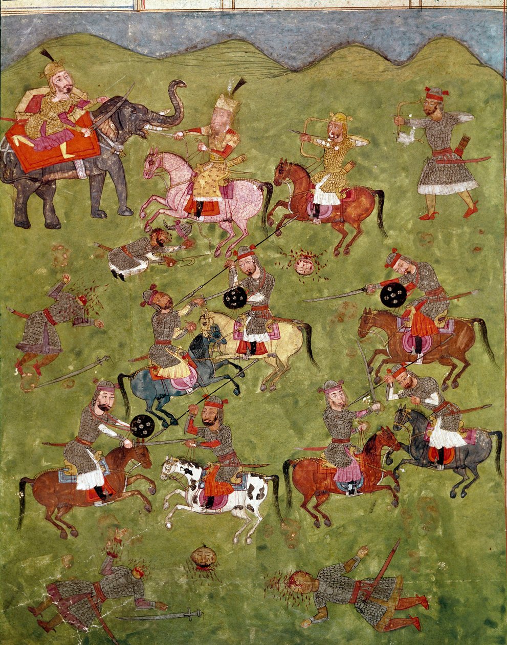 Islamisk konst: stridsscen. Persisk miniatyr från ett manuskript av den episka dikten "Shahnameh"" (Shah Nama, Shahnama) (Kungarnas bok) av Ferdowsi (Firdawsi, eller Ferdawsi, eller Firdousi, ca 940-cirka 1020) Biblioteca Nazionale Neapel av School Persian