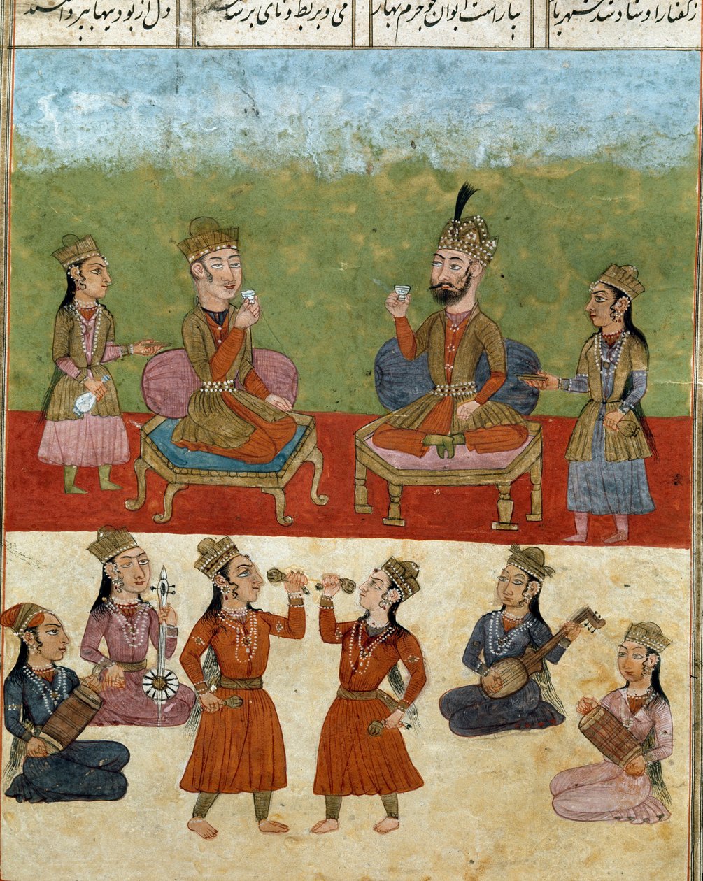 Islamisk konst: konsert och underhållning i ett harem. Persisk miniatyr från ett manuskript av den episka dikten "Shahnameh"" (Shah Nama, Shahnama) (Kungarnas bok) av Ferdowsi (Firdawsi, eller Ferdawsi, eller Firdousi, ca 940-cirka 1020) Biblioteca Naziona av School Persian