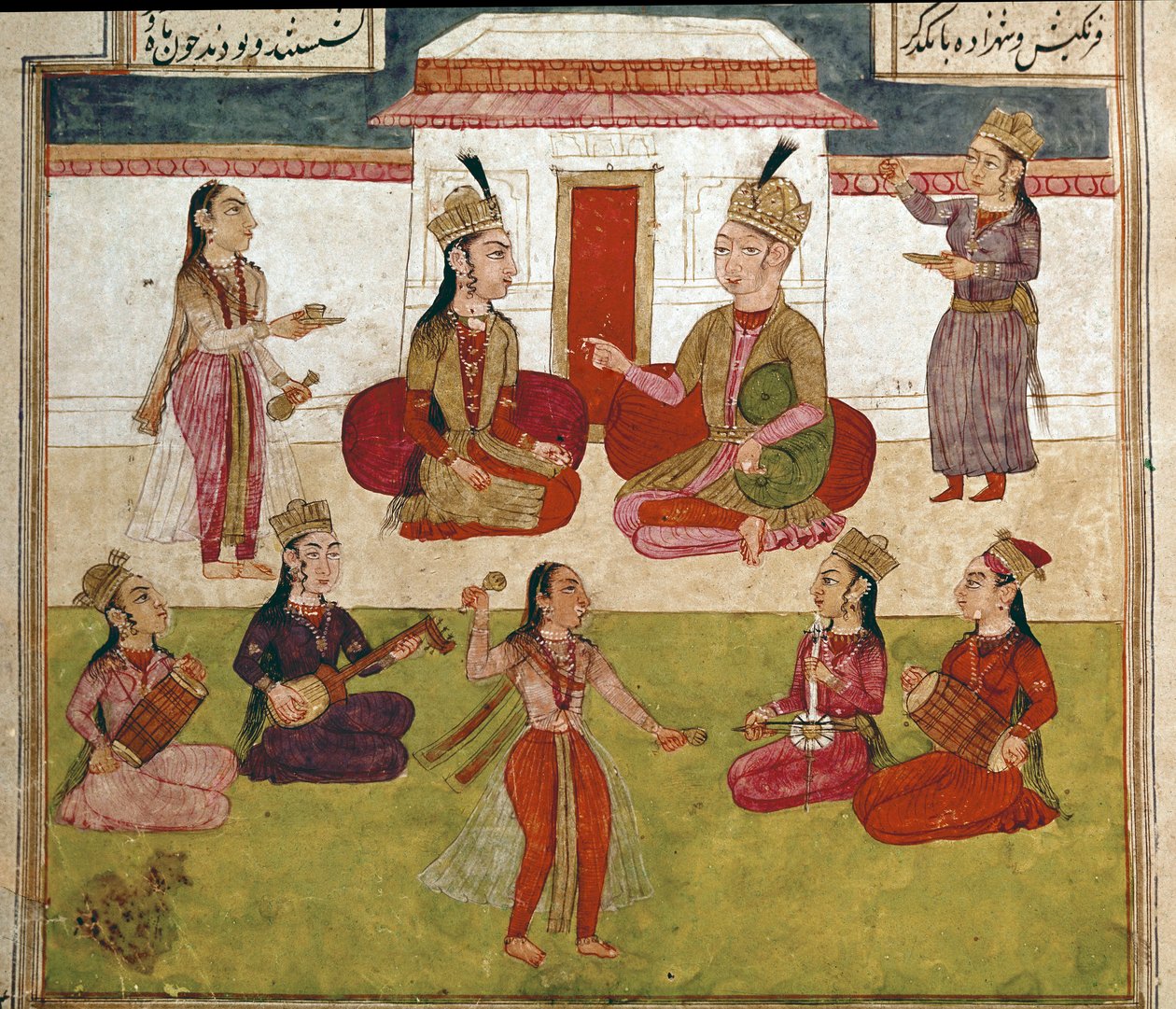 Islamisk konst: konsert och underhållning i ett harem. Persisk miniatyr från ett manuskript av den episka dikten "Shahnameh"" (Shah Nama, Shahnama) (Kungarnas bok) av Ferdowsi (Firdawsi, eller Ferdawsi, eller Firdousi, ca 940-cirka 1020) Biblioteca Naziona av School Persian