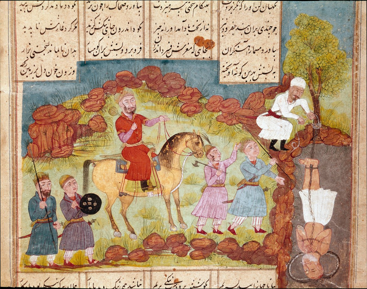 Islamisk konst: scen för tortyr av en fiende, levande begravd vid foten av ett träd. Persisk miniatyr från ett manuskript av den episka dikten "Shahnameh"" (Shah Nama, Shahnama) (Kungarnas bok) av Ferdowsi (Firdawsi eller Ferdawsi eller Firdousi, ca 940-ci av School Persian
