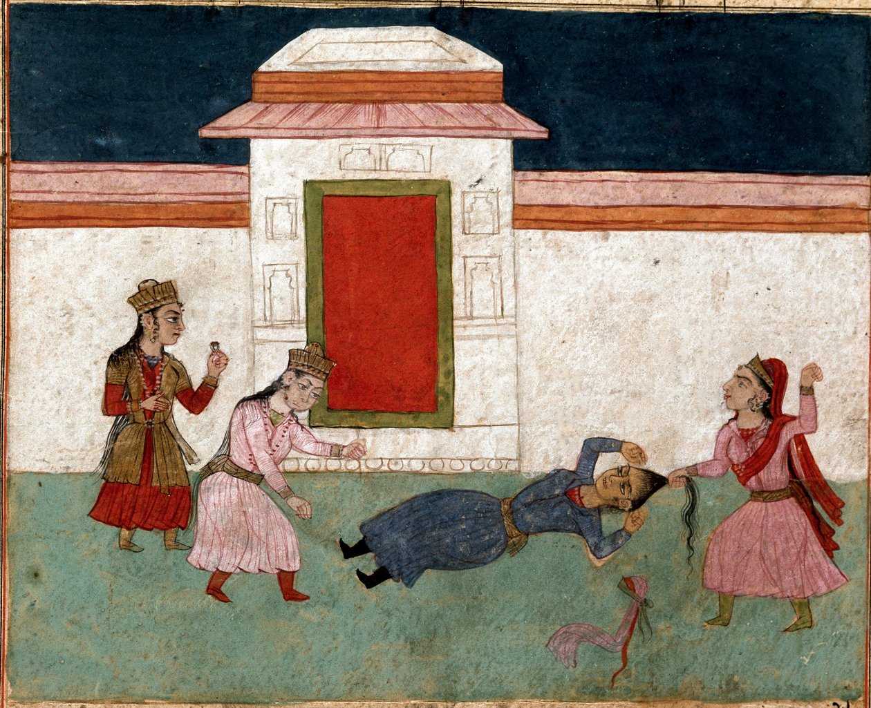 Islamisk konst: två konkubiner slåss i ett harem, favoriten tar tag i hennes rivals hår. Persisk miniatyr från ett manuskript av den episka dikten "Shahnameh"" (Shah Nama, Shahnama) (Kungarnas bok) av Ferdowsi (Firdawsi, eller Ferdawsi, eller Firdousi, ca  av School Persian