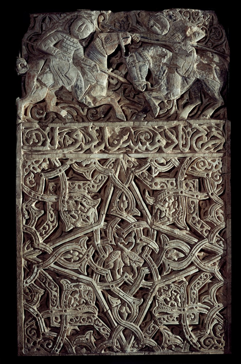 Persisk konst: stuckatur panel dekorerar arabesker och två ryttare slåss. Seattle. Konstmuseum av School Persian