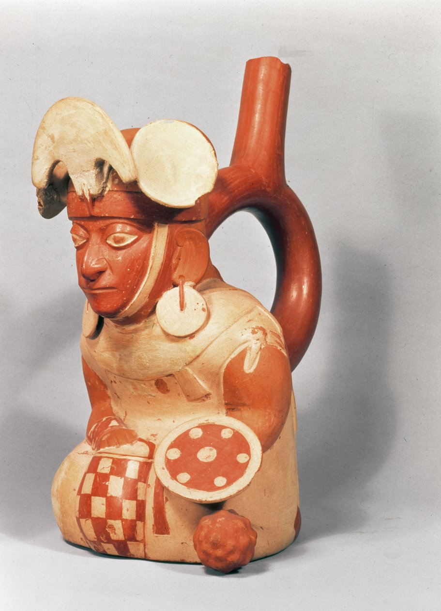 Mochican stigbygelvas i form av en krigare, 300-800 AD (terrakotta) av School Peruvian