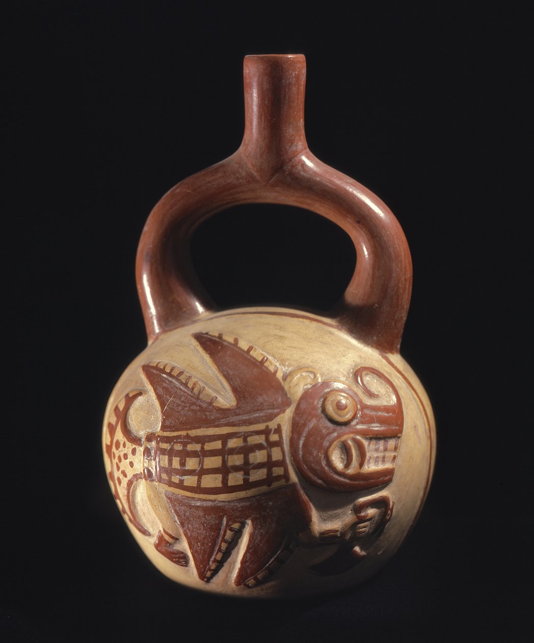 Vas med fiskdesign, Mochica, 200-800AD,(keramik) av School Peruvian